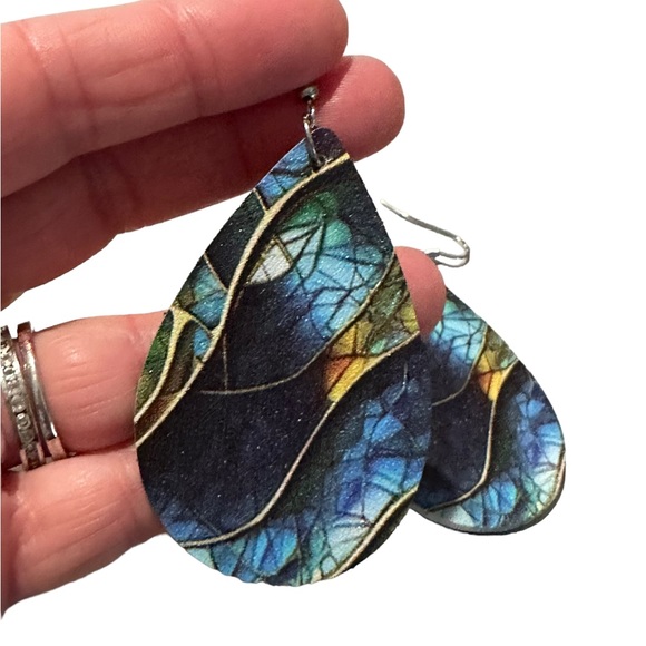 Blue, Green and Yellow Mosaic Leather Drop Earrings - Picture 5 of 6